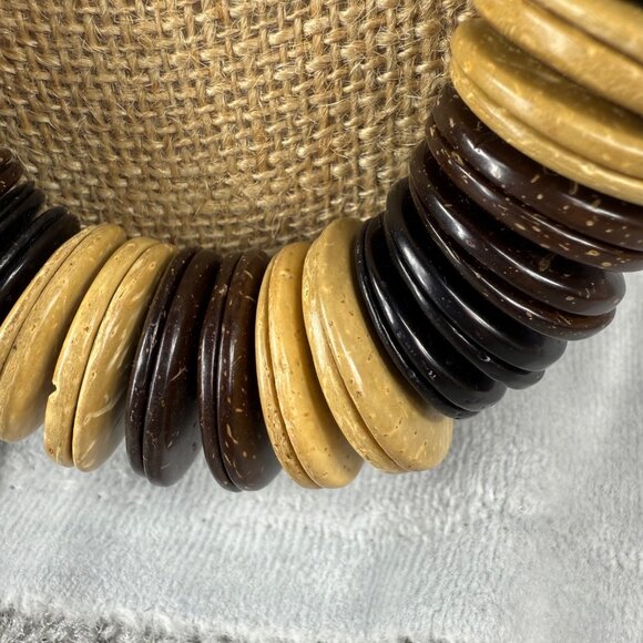 Chunky Natural Wood Bead Necklace Black Brown/Beige Layers & Loop Button Closure - Picture 10 of 16